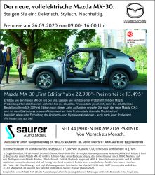 Neuvorstellung Mazda MX 30 – am 26.09.20 von 09.00-16.00 Uhr.